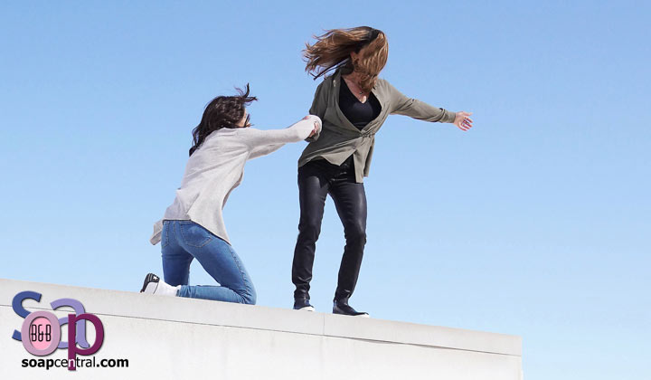 Taylor slips over the edge while helping Sheila